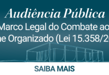 Audiência pública – Marco Legal do Combate ao Crime Organizado Banner na cor azul e o texto na cor branca